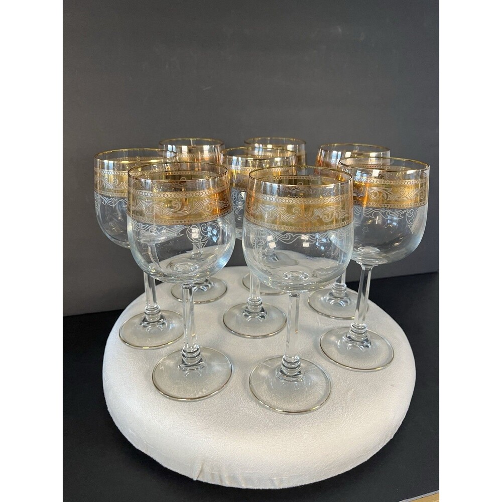 Vintage Stolzle Crystal Wine Goblet Glasses Gold Trim and White Band, Set of 8 - Picture 9 of 12